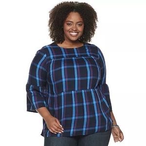 Plus Size EVRI Bell Sleeve Tiered Top Size 1X Dark Blue Purple Black Plaid